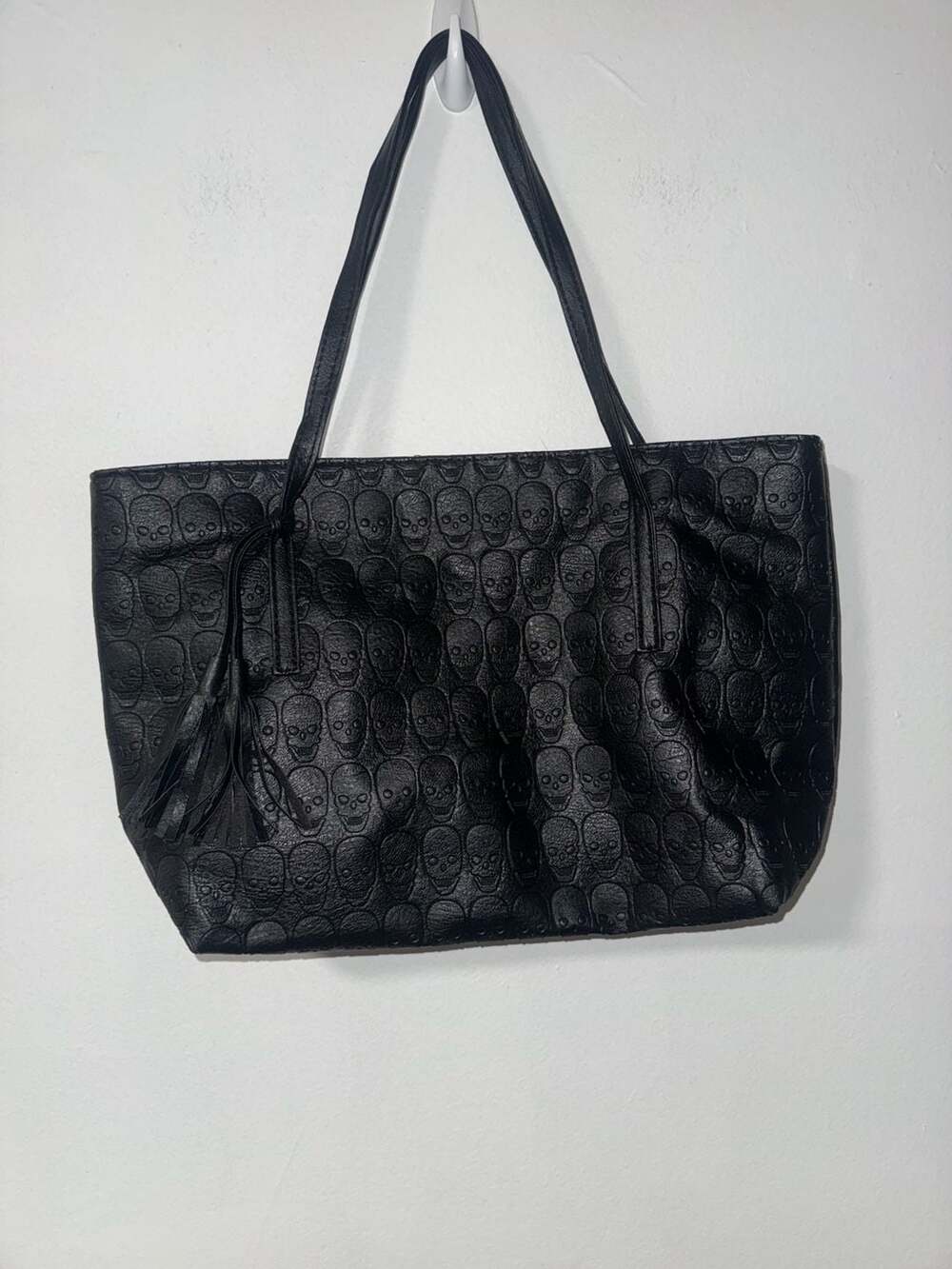 Gothic Black PU Leather Skull Embossed Tote Bag with Tassel